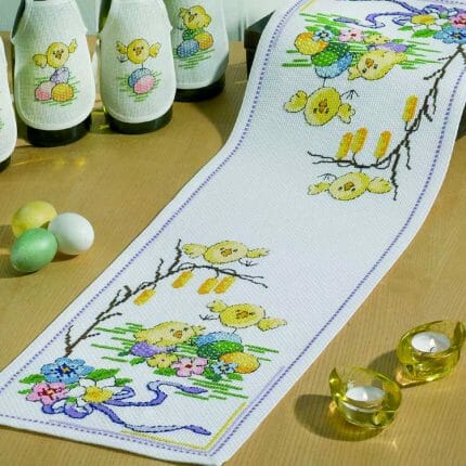 75-4865, påskeløper, løåper, korssting, permin, påskekylling, påskekyllinger, påskebroderibrodere