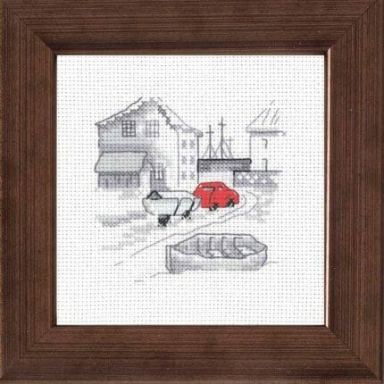 Rød bil i fiskerby broderi