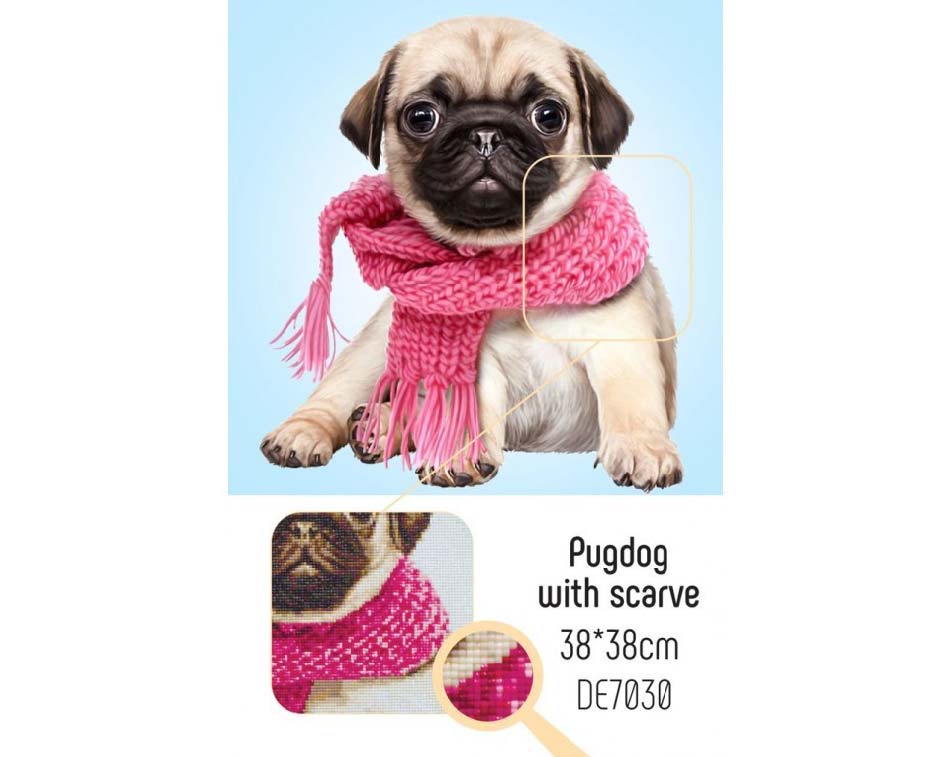 Bulldog valp med skjerf, pugdog with pink scarf, Diamond painting, perlebroderi, DE7030